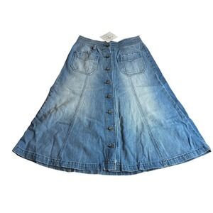 Dear Drew Denim Midi Skirt - Blue Button Front A Line Jean Skirt Women